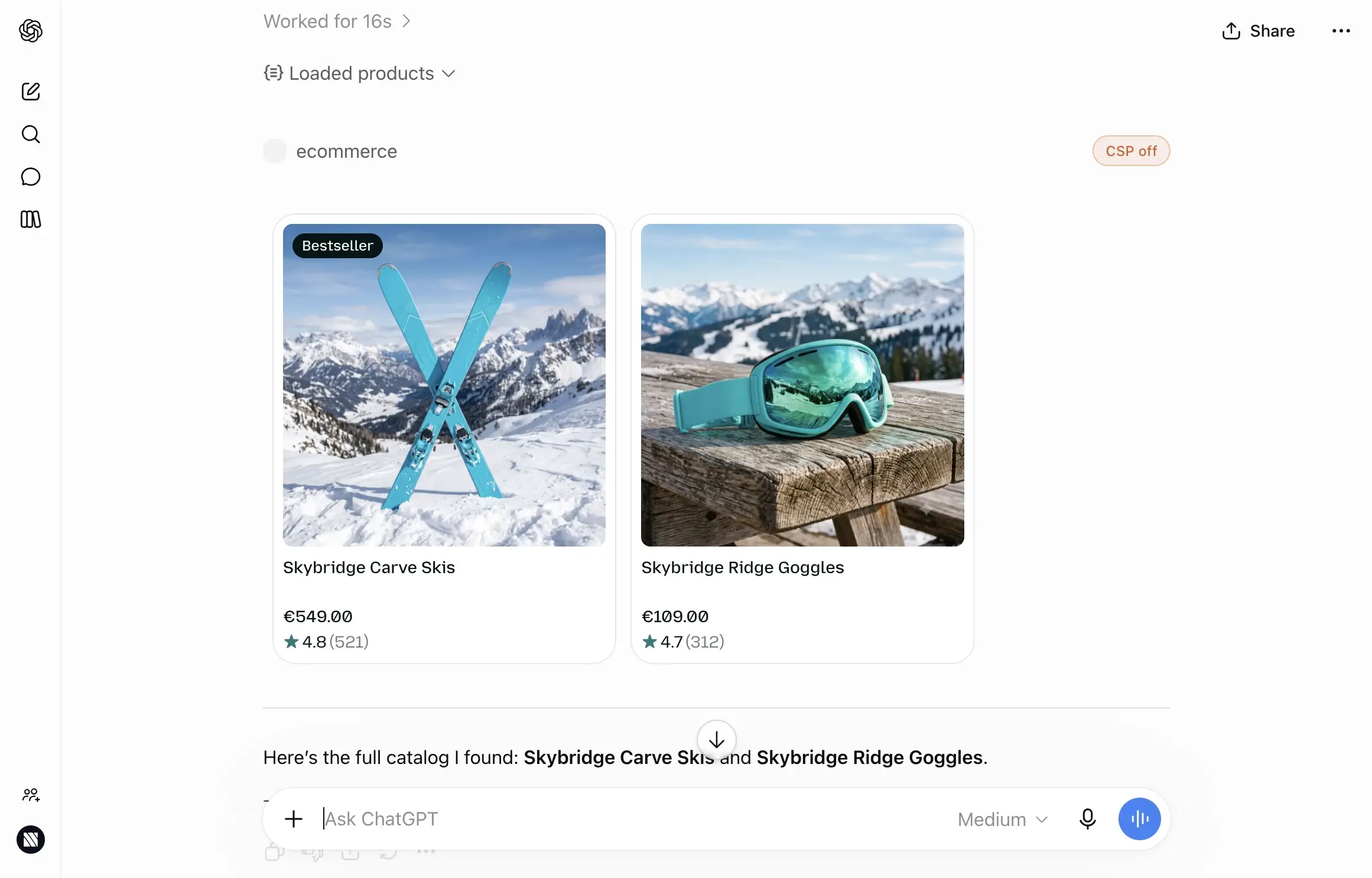 A shopper asking for ski gear in ChatGPT, with the template's product carousel rendered in the reply